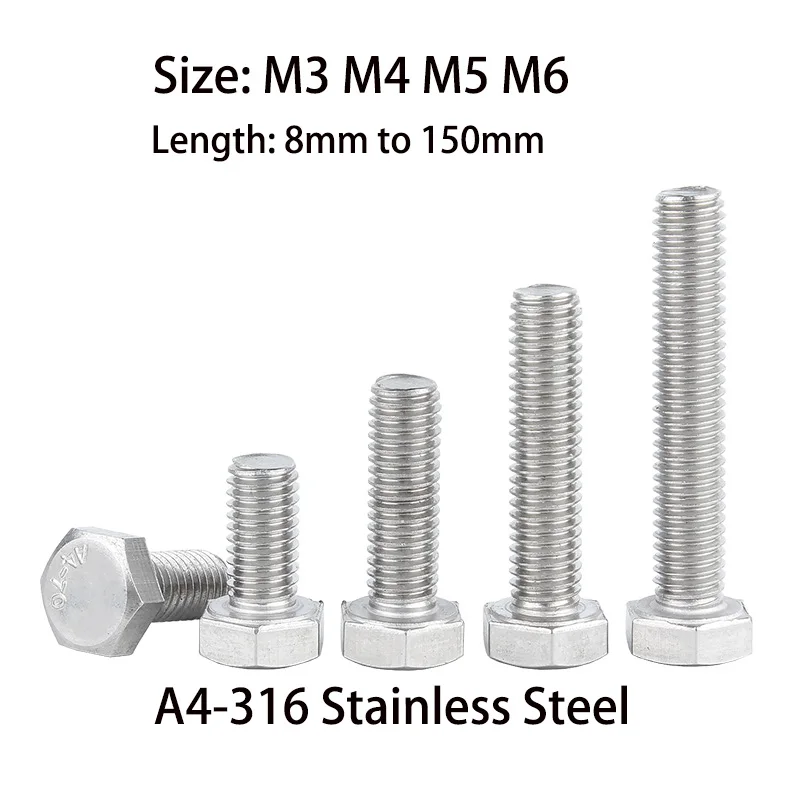  Marine Grade A4-316 Stainless Steel Hex Bolt External Full Thread M3 M4 