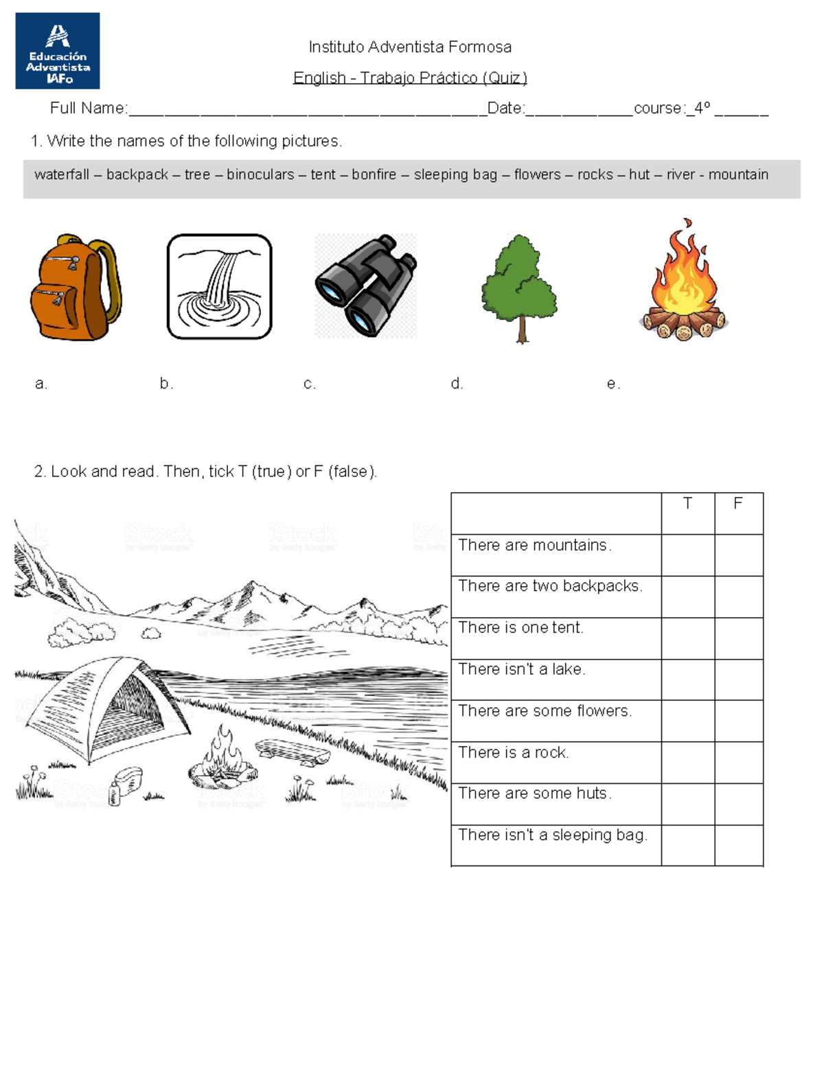  Quiz 1 camping elements there is -there are - Instituto Adventista Motiv 