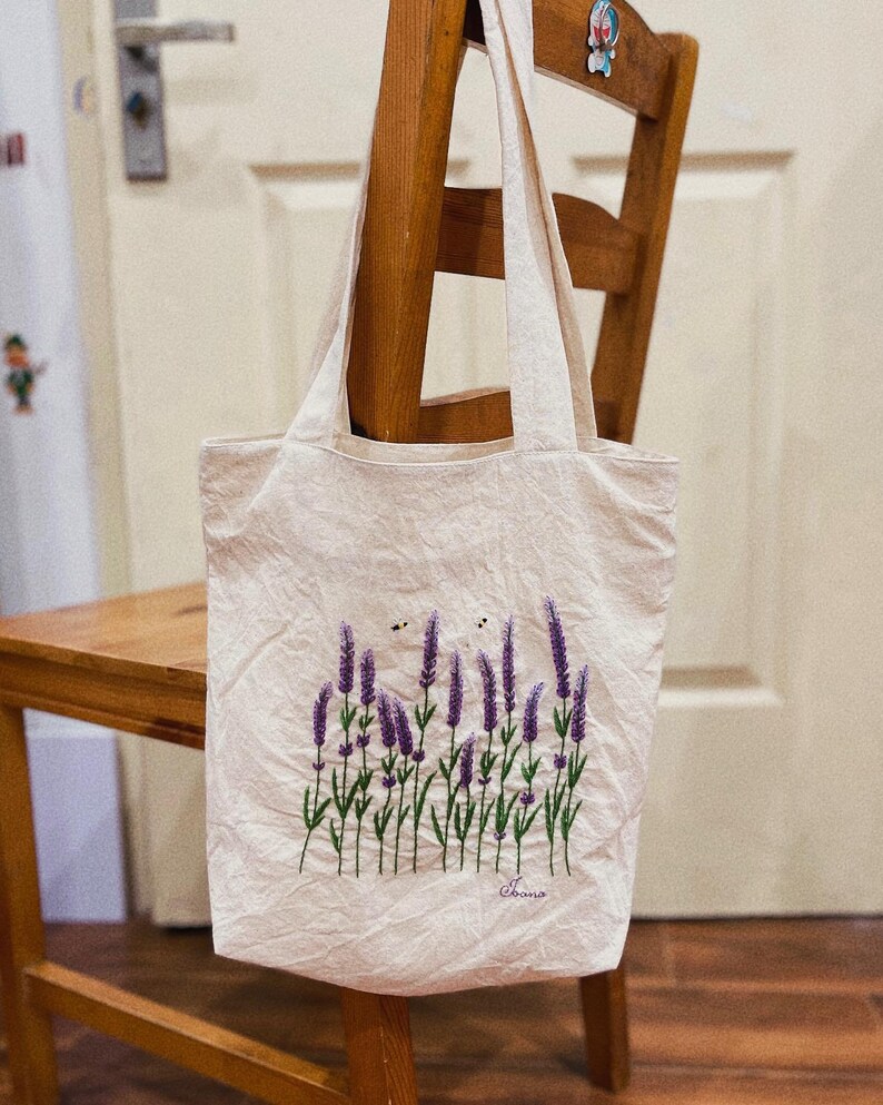 Lavender Garden Embroidered Linen Tote Bag With Zipper and Pocket, Wild