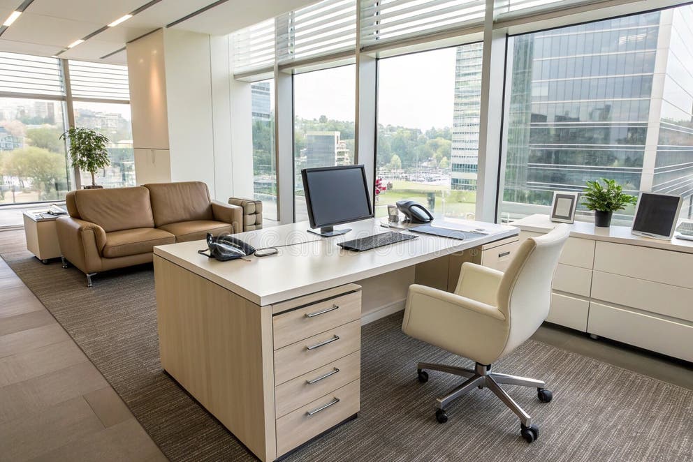 Modern Office Interior with Business Desk and Furniture Stock