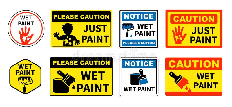 Caution Wet Paint Sign Set. Editable Vector Warning Signs with Text and