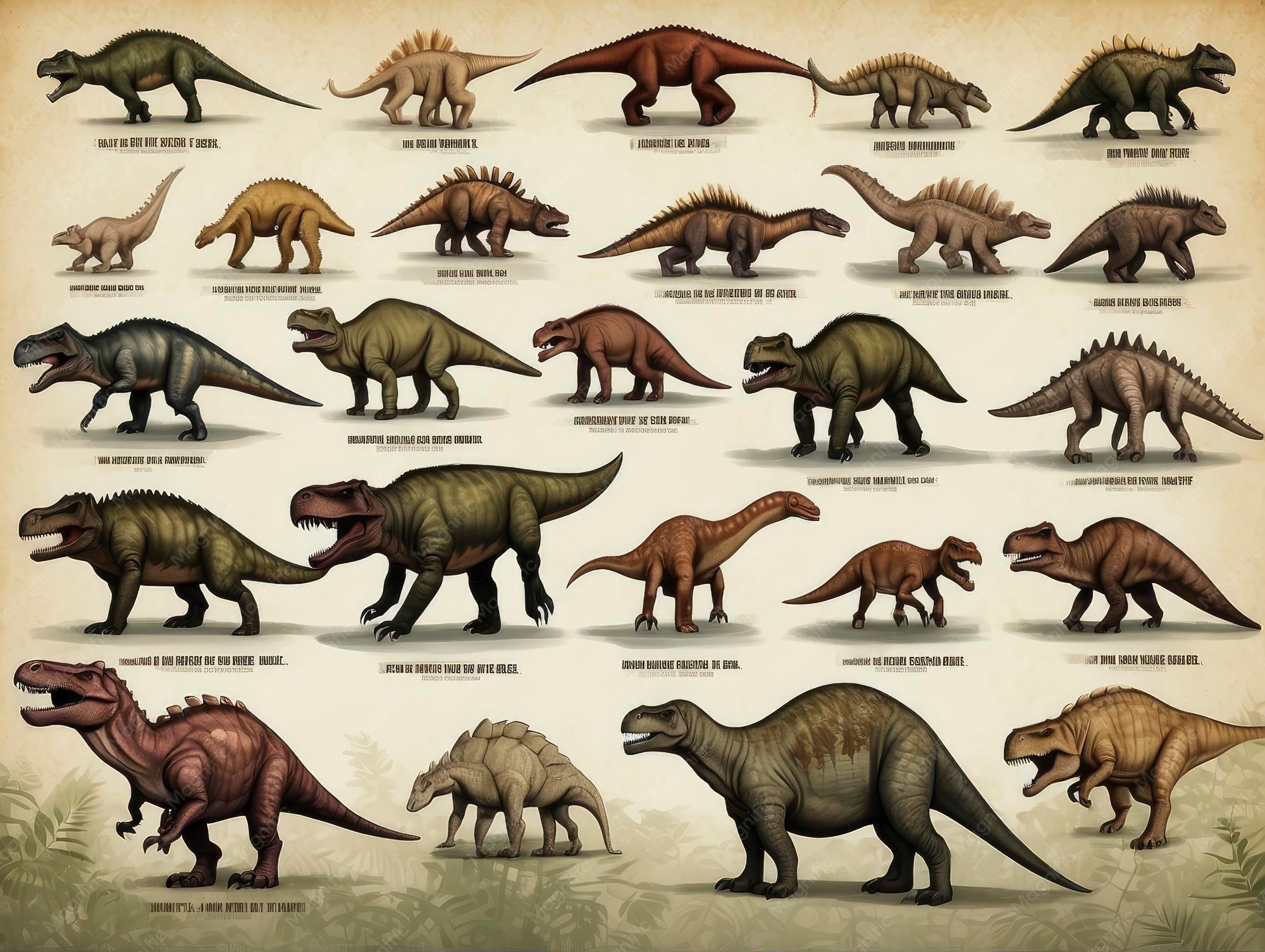  A poster of different types of dinosaurs and their 