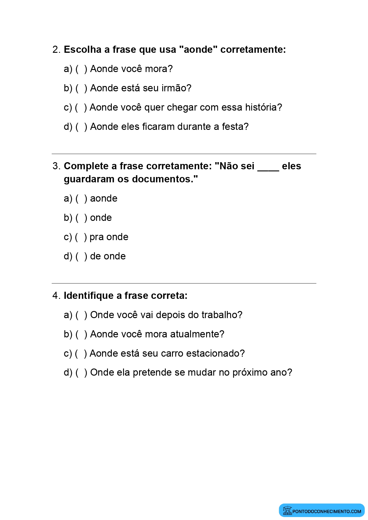 Atividades sobre o uso de onde e aonde - Ponto do Conhecimento
