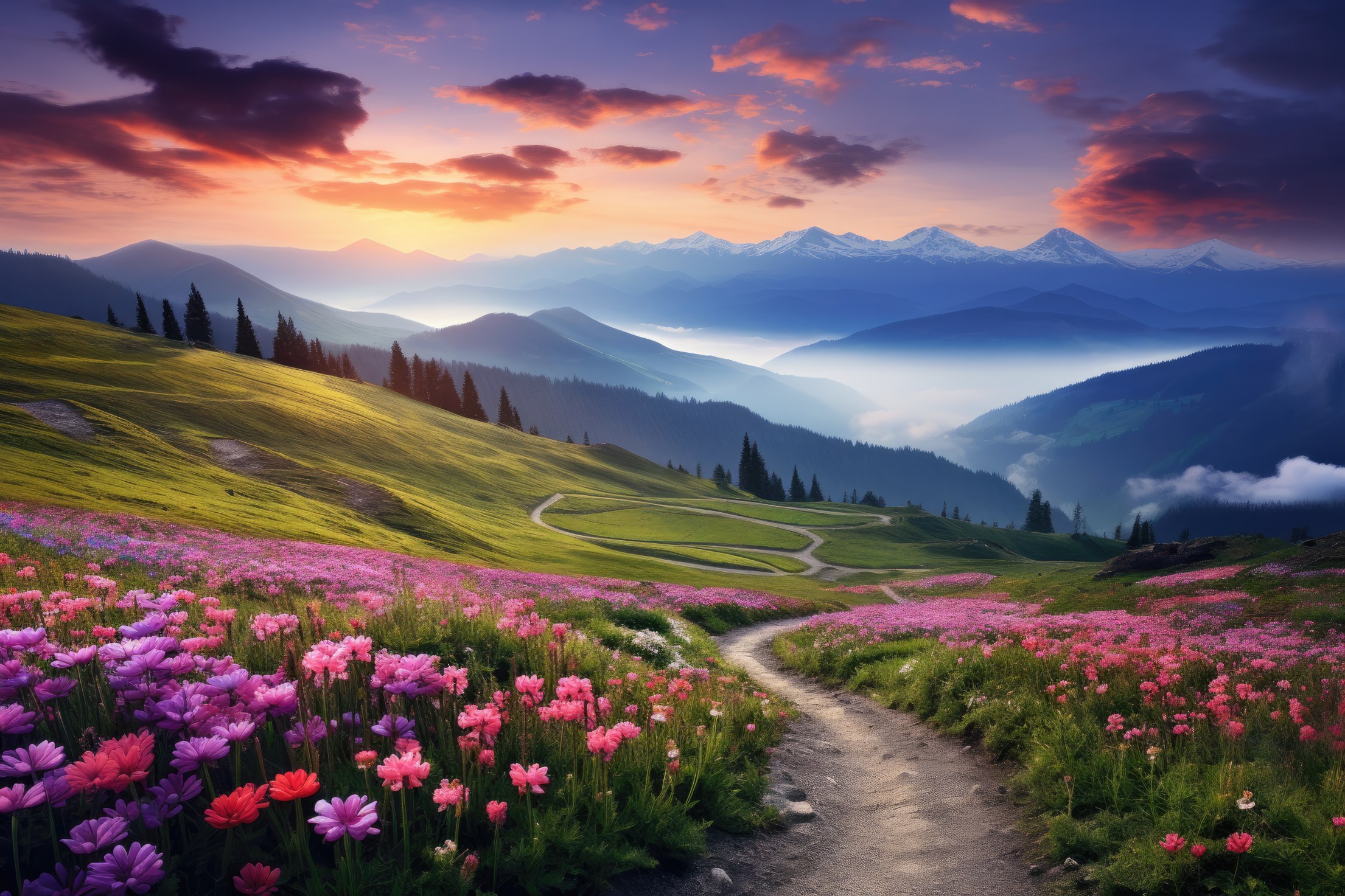 Beautiful Nature Mountain Scenery with Flowers Free Stock Photo 