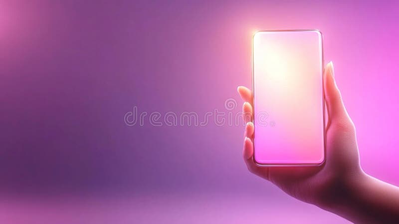  Foto zu Hand Holding a Smartphone with Bright Purple Background Stock 