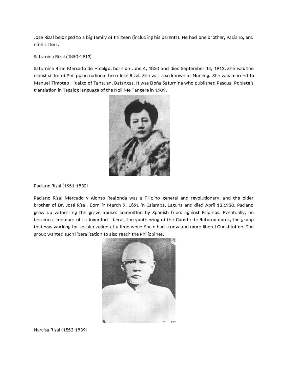 Jose Rizal Siblings List